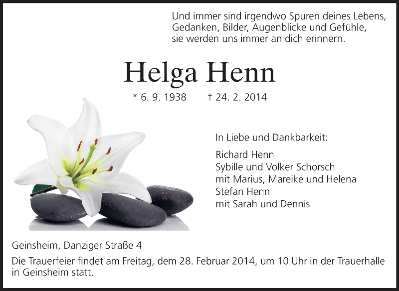  Traueranzeige für Helga Henn vom 27.02.2014 aus Rüsselsheimer Echo, Groß-Gerauer-Echo, Ried Echo