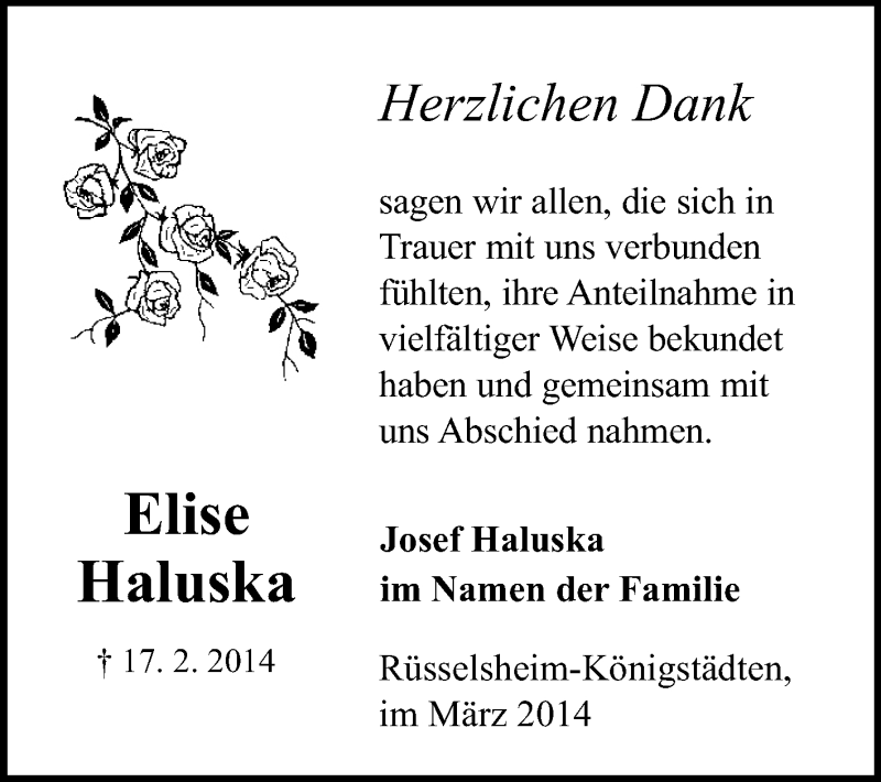  Traueranzeige für Elise Haluska vom 27.02.2014 aus Rüsselsheimer Echo, Groß-Gerauer-Echo, Ried Echo