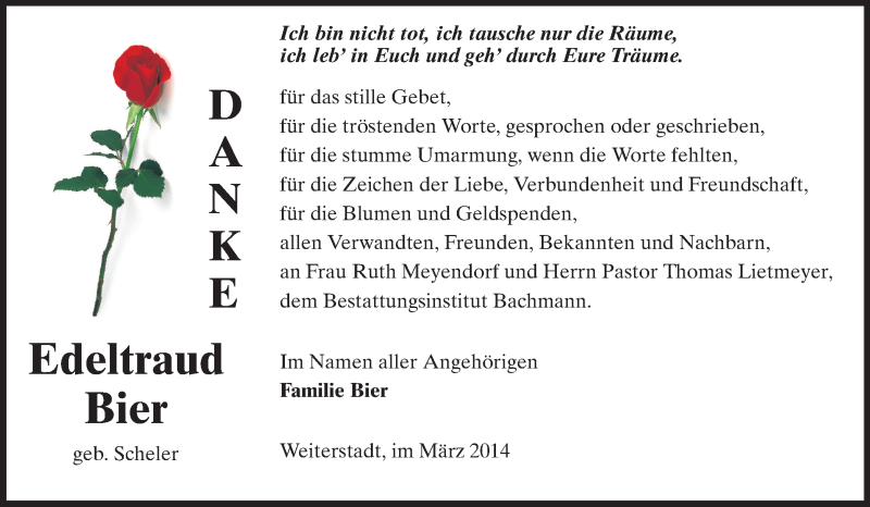  Traueranzeige für Edeltraud Bier vom 01.03.2014 aus Echo-Zeitungen (Gesamtausgabe)