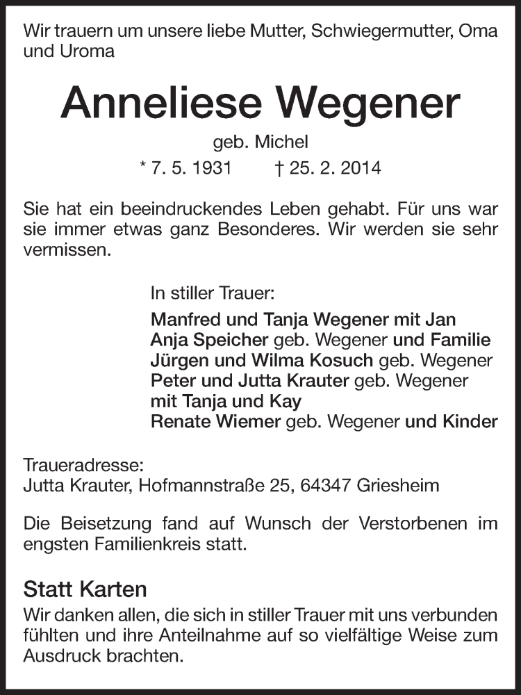  Traueranzeige für Anneliese Wegener vom 08.03.2014 aus Echo-Zeitungen (Gesamtausgabe)