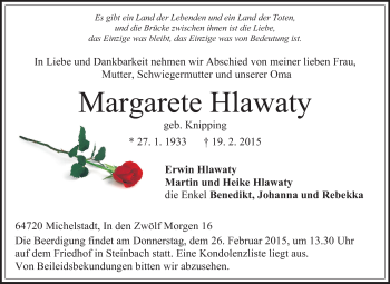 Traueranzeige von Margarete Hlawaty von Odenwälder Echo