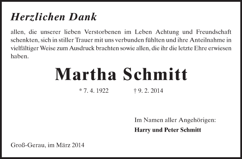  Traueranzeige für Martha Schmitt vom 01.03.2014 aus Rüsselsheimer Echo, Groß-Gerauer-Echo, Ried Echo