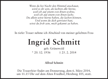 Traueranzeige von Ingrid Schmitt von Echo-Zeitungen (Gesamtausgabe)