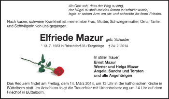 Traueranzeige von Elfriede Mazur von Echo-Zeitungen (Gesamtausgabe)