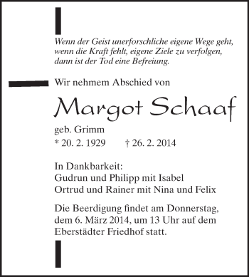 Traueranzeige von Margot Schaaf von Echo-Zeitungen (Gesamtausgabe)