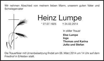 Traueranzeige von Heinz Lumpe von Rüsselsheimer Echo, Groß-Gerauer-Echo, Ried Echo