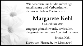 Traueranzeige von Margarete Kehl von Echo-Zeitungen (Gesamtausgabe)
