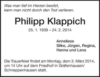 Traueranzeige von Philipp Klappich von Echo-Zeitungen (Gesamtausgabe)