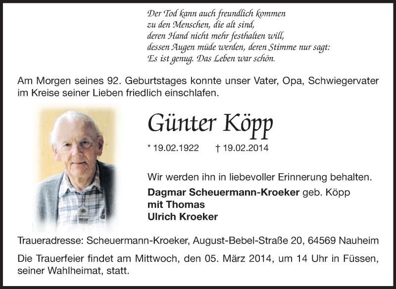  Traueranzeige für Günter Köpp vom 01.03.2014 aus Rüsselsheimer Echo, Groß-Gerauer-Echo, Ried Echo