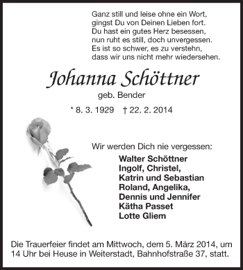 Traueranzeige von Johanna Schöttner von Echo-Zeitungen (Gesamtausgabe)
