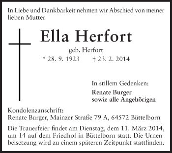 Traueranzeige von Ella Herfort von Echo-Zeitungen (Gesamtausgabe)