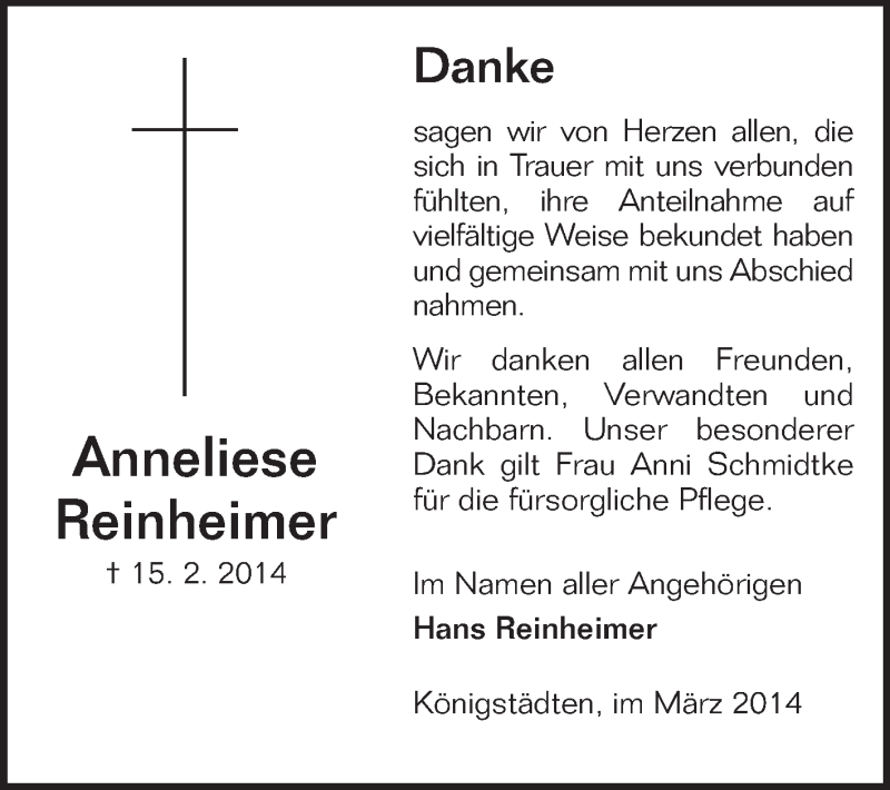  Traueranzeige für Anneliese Reinheimer vom 05.03.2014 aus Rüsselsheimer Echo, Groß-Gerauer-Echo, Ried Echo