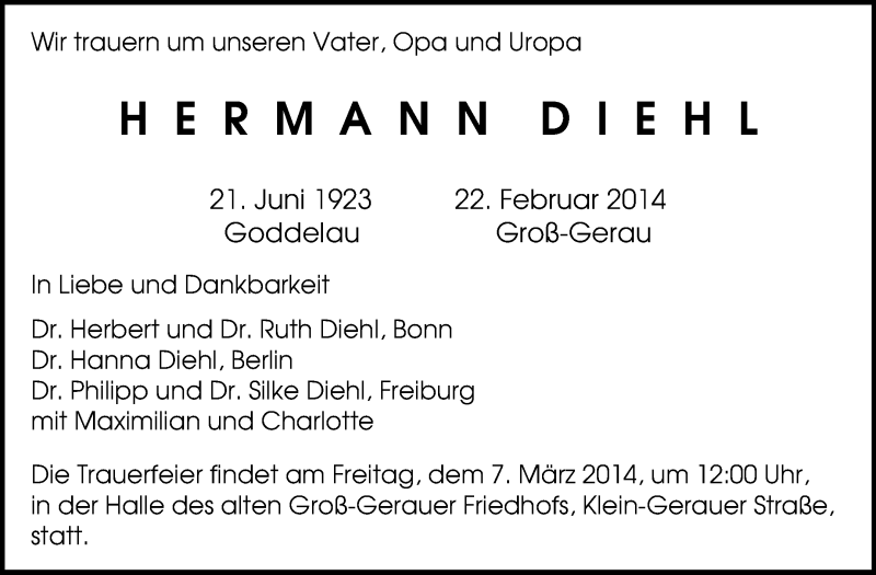  Traueranzeige für Hermann Diehl vom 01.03.2014 aus Rüsselsheimer Echo, Groß-Gerauer-Echo, Ried Echo