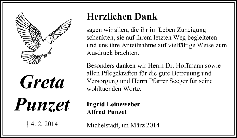  Traueranzeige für Greta Punzet vom 01.03.2014 aus Odenwälder Echo