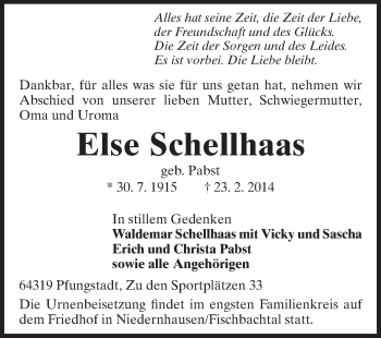 Traueranzeige von Else Schellhaas von Echo-Zeitungen (Gesamtausgabe)