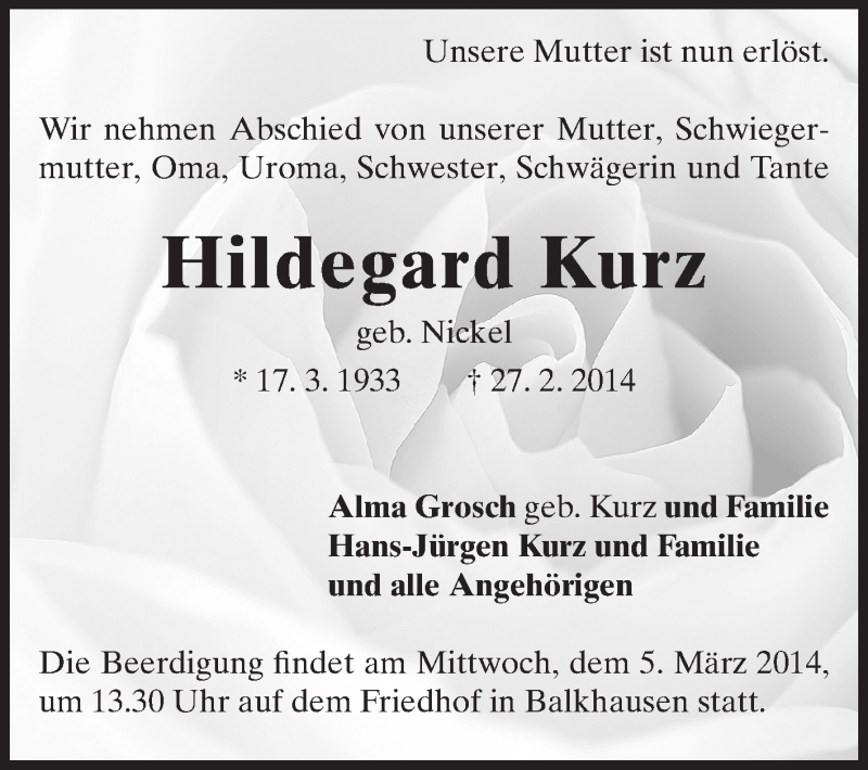  Traueranzeige für Hildegard Kurz vom 01.03.2014 aus Echo-Zeitungen (Gesamtausgabe)