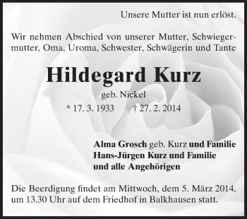 Traueranzeige von Hildegard Kurz von Echo-Zeitungen (Gesamtausgabe)