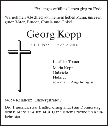 Traueranzeige von Georg Kopp von Echo-Zeitungen (Gesamtausgabe)