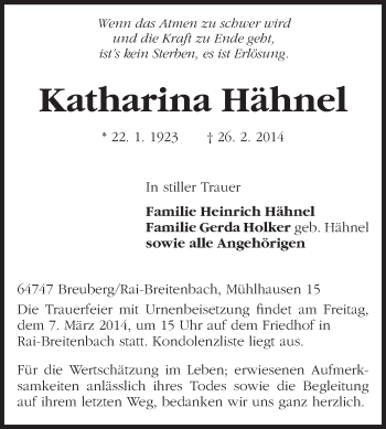 Traueranzeige von Katharina Hähnel von Odenwälder Echo