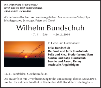 Traueranzeige von Wilhelm Bundschuh von Odenwälder Echo