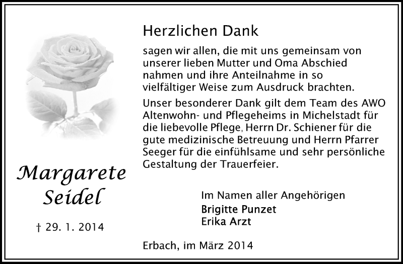  Traueranzeige für Margarete Seidel vom 01.03.2014 aus Odenwälder Echo