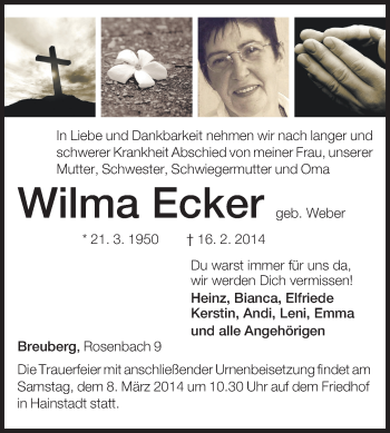 Traueranzeige von Wilma Ecker von Odenwälder Echo