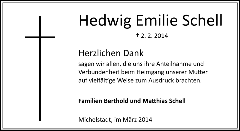  Traueranzeige für Hedwig Emilie Schell vom 01.03.2014 aus Odenwälder Echo
