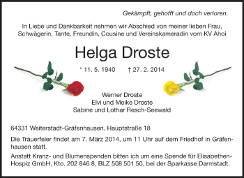 Traueranzeige von Helga Droste von Echo-Zeitungen (Gesamtausgabe)