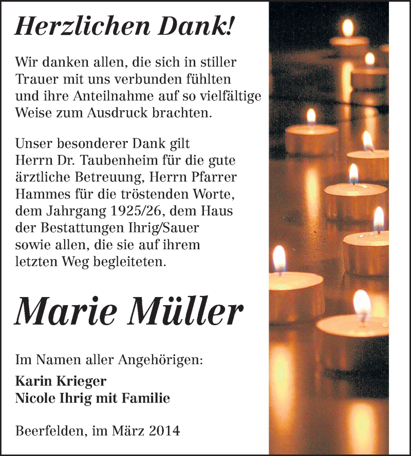 Traueranzeige für Marie Müller vom 05.03.2014 aus Odenwälder Echo