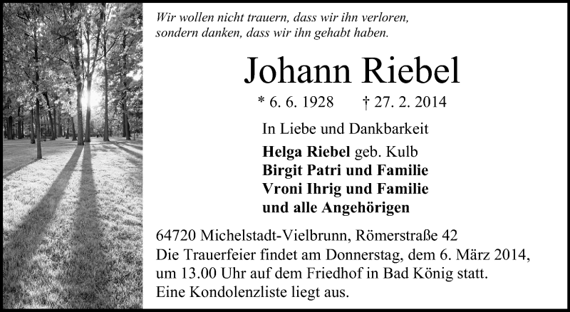  Traueranzeige für Johann Riebel vom 03.03.2014 aus Odenwälder Echo