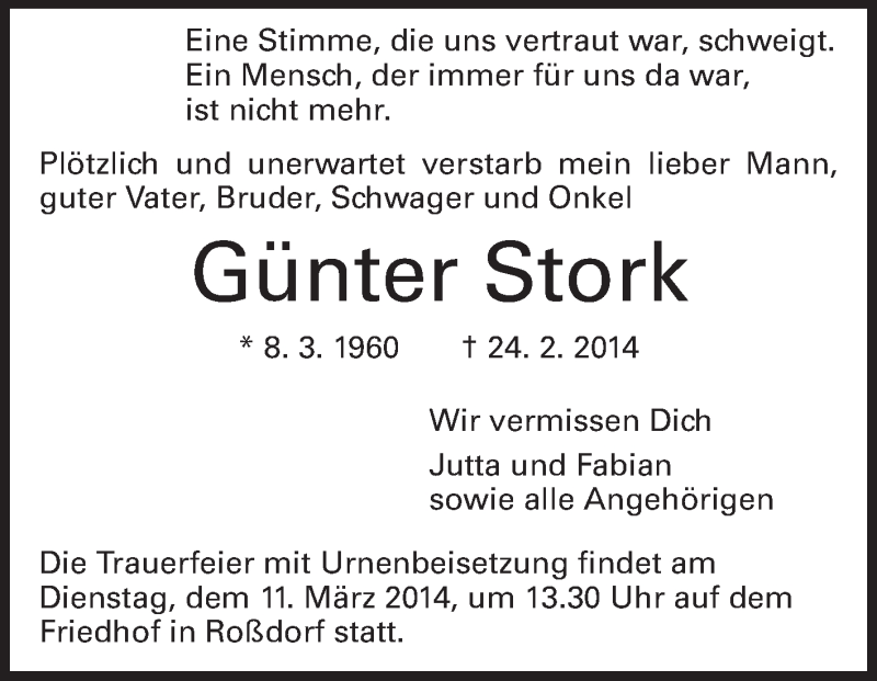  Traueranzeige für Günter Stork vom 08.03.2014 aus Echo-Zeitungen (Gesamtausgabe)