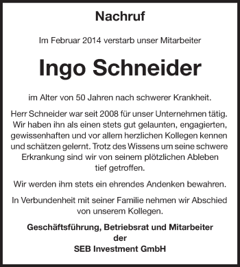 Traueranzeige von Ingo Schneider von Echo-Zeitungen (Gesamtausgabe)