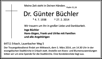 Traueranzeige von Günter Büchler von Odenwälder Echo
