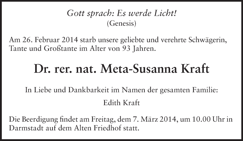  Traueranzeige für Meta-Susanna Kraft vom 05.03.2014 aus Echo-Zeitungen (Gesamtausgabe)