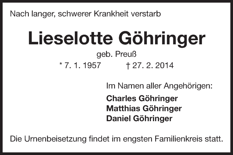  Traueranzeige für Lieselotte Göhringer vom 08.03.2014 aus Echo-Zeitungen (Gesamtausgabe)