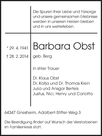 Traueranzeige von Barbara Obst von Echo-Zeitungen (Gesamtausgabe)