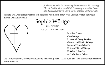 Traueranzeige von Sophie Wörtge von Darmstädter Echo, Odenwälder Echo, Rüsselsheimer Echo, Groß-Gerauer-Echo, Ried Echo