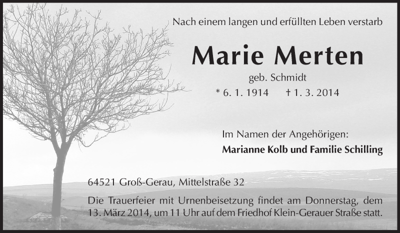  Traueranzeige für Marie Merten vom 08.03.2014 aus Rüsselsheimer Echo, Groß-Gerauer-Echo, Ried Echo