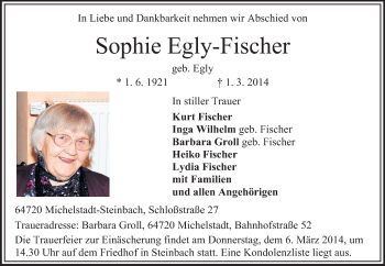 Traueranzeige von Sophie Egly-Fischer von Odenwälder Echo