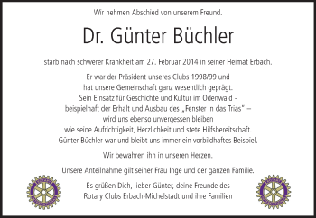 Traueranzeige von Günter Büchler von Odenwälder Echo