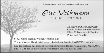 Traueranzeige von Otto Volkmann von Echo-Zeitungen (Gesamtausgabe)