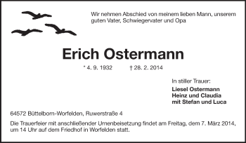 Traueranzeige von Erich Ostermann von Rüsselsheimer Echo, Groß-Gerauer-Echo, Ried Echo