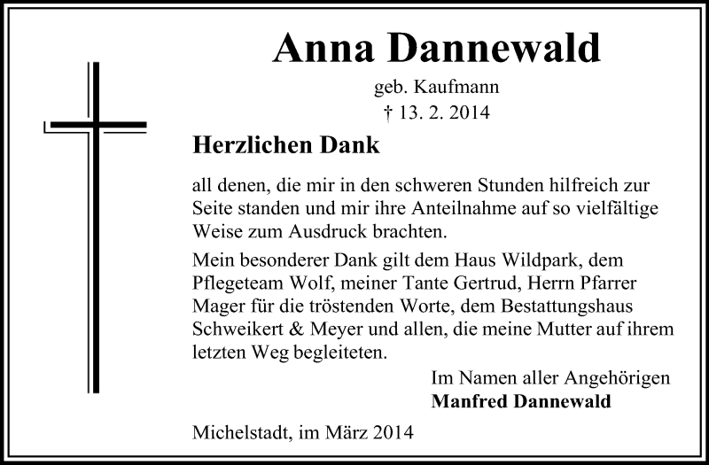  Traueranzeige für Anne Dannewald vom 08.03.2014 aus Odenwälder Echo