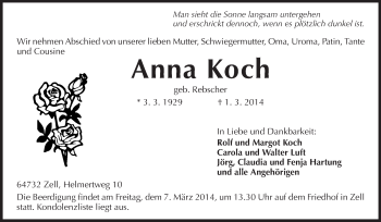 Traueranzeige von Anna Koch von Odenwälder Echo