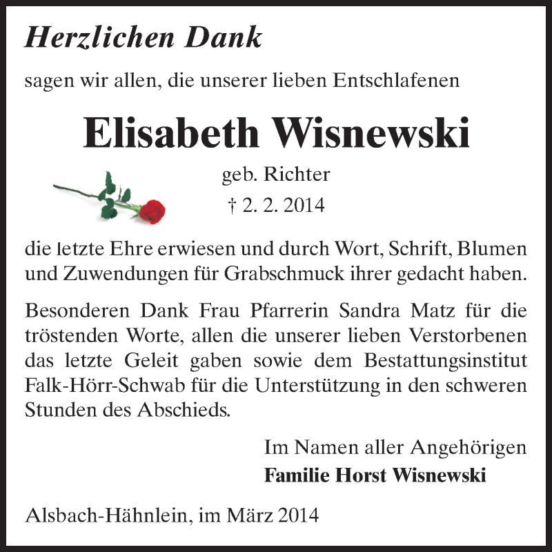  Traueranzeige für Elisabeth Wisnewski vom 08.03.2014 aus Echo-Zeitungen (Gesamtausgabe)