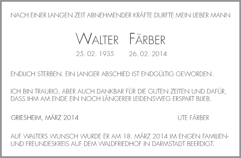  Traueranzeige für Walter Färber vom 22.03.2014 aus Echo-Zeitungen (Gesamtausgabe)