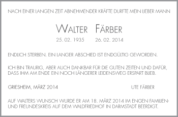 Traueranzeige von Walter Färber von Echo-Zeitungen (Gesamtausgabe)