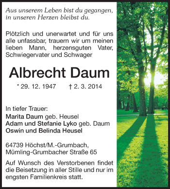 Traueranzeige von Albrecht Daum von Odenwälder Echo