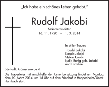 Traueranzeige von Rudolf Jakobi von Starkenburger Echo