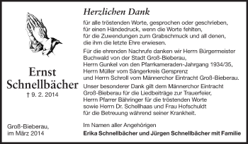Traueranzeige von Ernst Schnellbächer von Echo-Zeitungen (Gesamtausgabe)